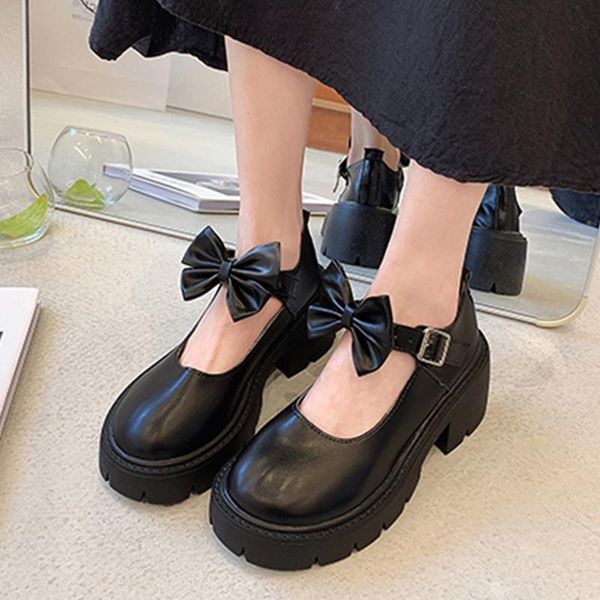 

dress shoes vogue chunky heels patent leather woman ankle strap bowknot mary janes women retro round toe platform lolita summer, Black