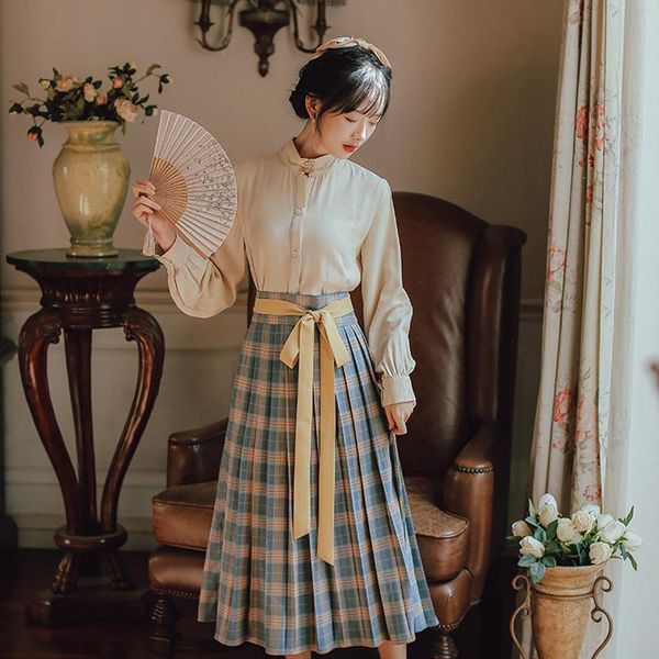 

literature and art ancient style suit women's 2021 spring national hanfu long sleeve shirt plaid skirt two piece set pants, White