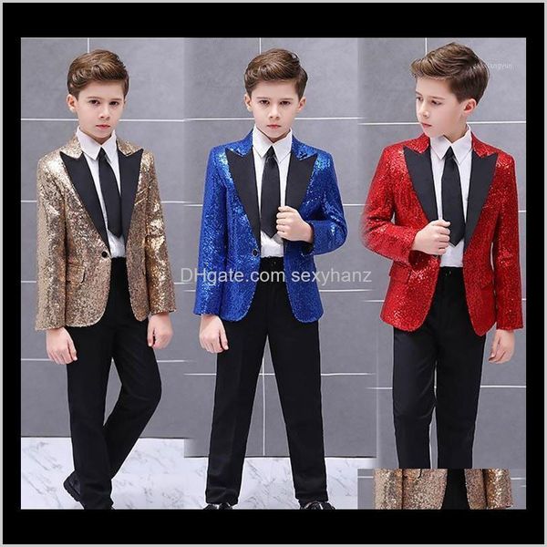 Мужские Blazers Fashion Gold Proment Party Suits для мальчика Блестящие сценические характеристики мальчики смокинг, детский формальный свадьба Blazer с брюками набор 2 частей 0dfry