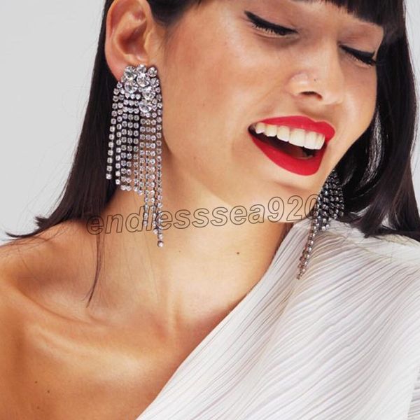 

full rhinestone big earrings for women wedding statement boho korean long crystal tassel dangle earrings fashion jewelry, Silver