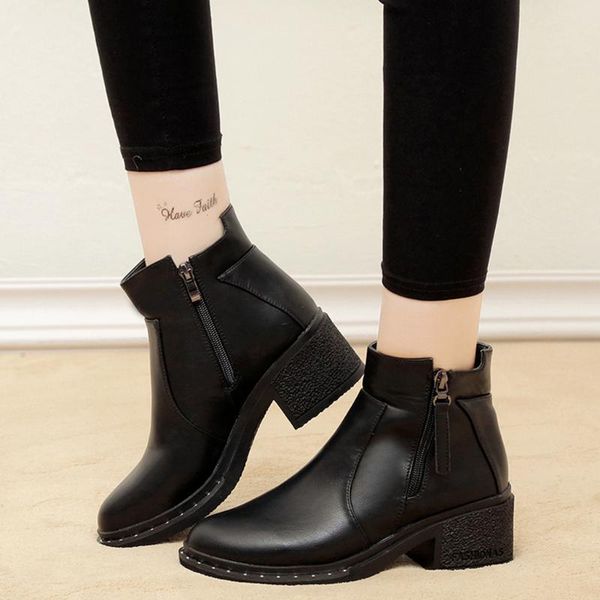 

boots sagace leather round toe women winter ankle heel casual party short booties knight heels, Black