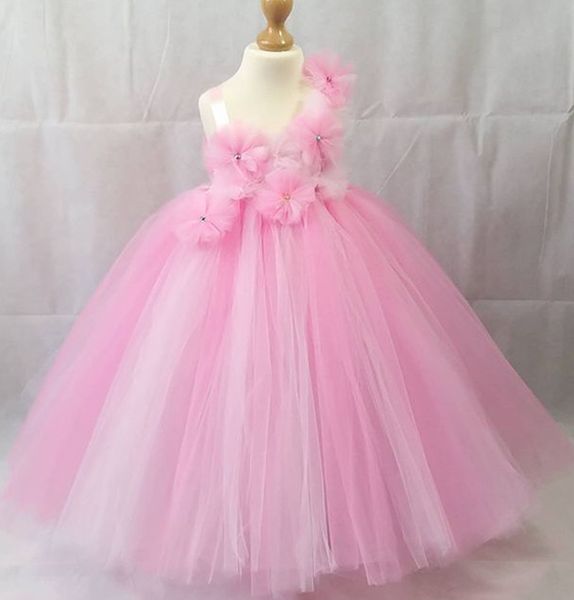 2021 cor-de-rosa flor de flor simples vestidos espaguete bola vestido tulle lilttle crianças concurso de aniversário casebro zj0465