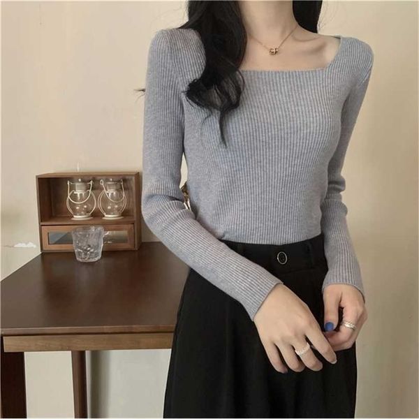 

women square neck sweaters autumn winter slim pullover korean basic casual soft knit sweater warm jumper 211217, White;black