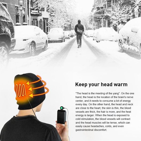 

cycling caps & masks bicycle rechargeable electric heated hat knitting beanie 3 temperature control intelligent warm cap for outdoor skiing, Black
