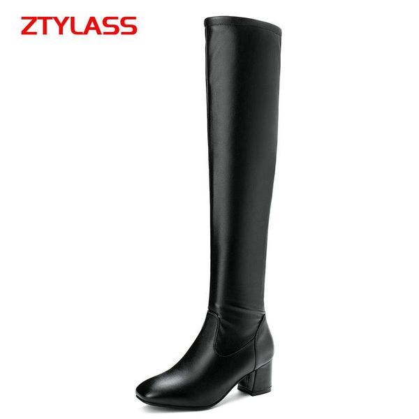 

fashion knee high boots women winter square loe heel long toe zipper autumn female black white