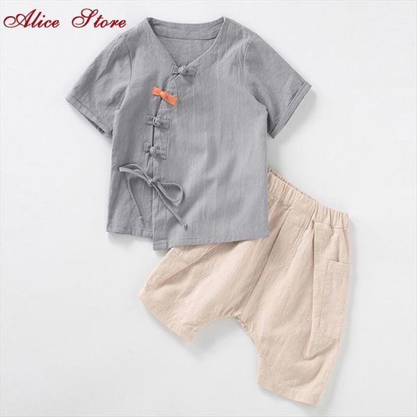 

chinese style childrens clothing sets boys summer short sleeved suit baby hanfu two piece kids retro tang clothes, White
