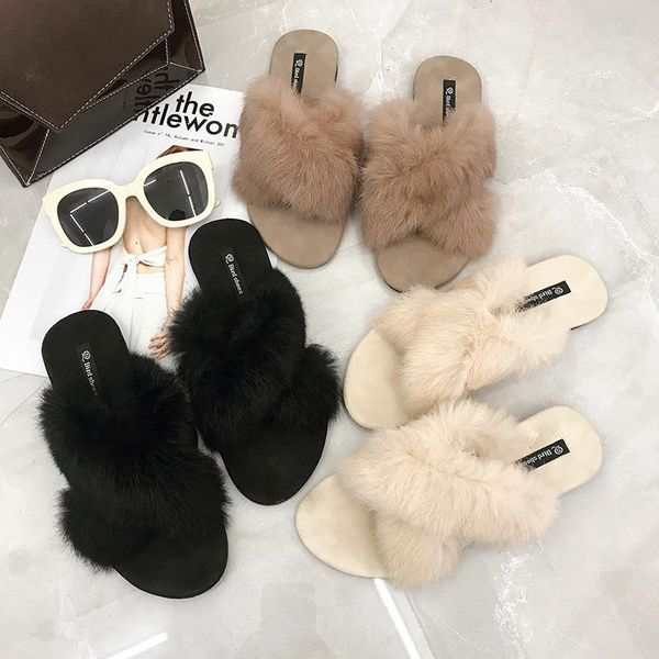

slippers maggie's walker womens shoes flat women fluffy spring plush 2021 zapatos de mujer, Black