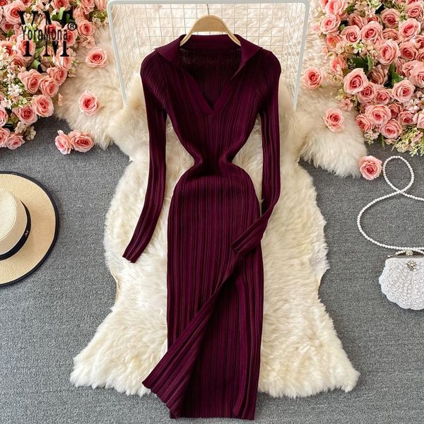 

casual dresses yornmona autumn winter dress 2021 europe fashion turn-down collar package hips knit split bodycon women party, Black;gray