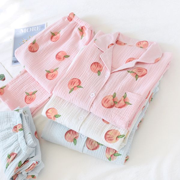 

women's sleepwear 100% cotton pyjamas women 2020 double gauze autumn winter pajamas female long sleeve printing sleepwear set pijama fe, Black;red