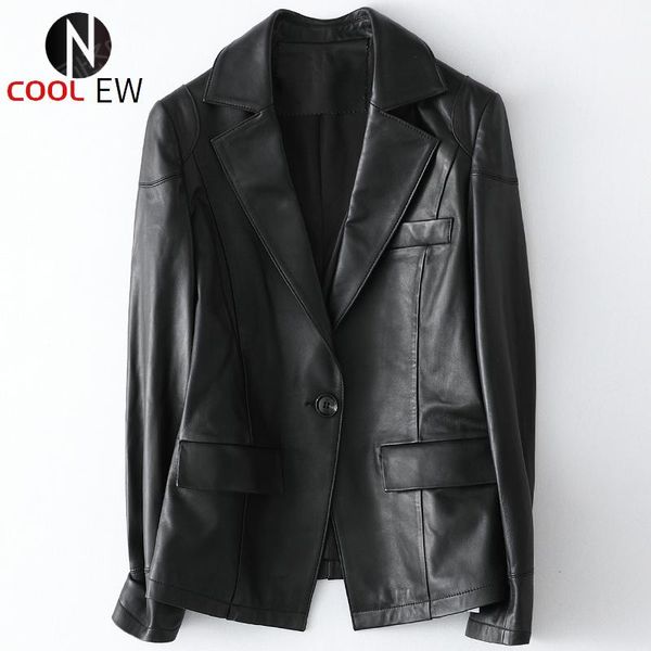

women's leather & faux ol black genuine jacket female brand slim casual sheepskin short coat elegant single button office outerwear