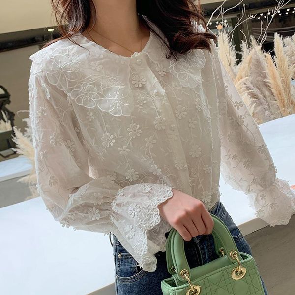 

korean embroidery mesh lace autumn 2021 women blouse white cotton shirts ruffles long sleeve women's 673b blouses &