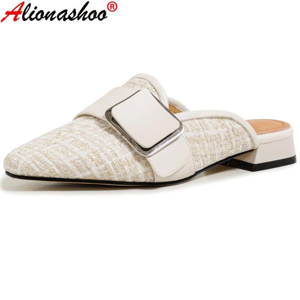 

aliona shoo metal buckle women shoes made of genuine leather thick high heels pumps female 2021 est party basic woman slippers, Black