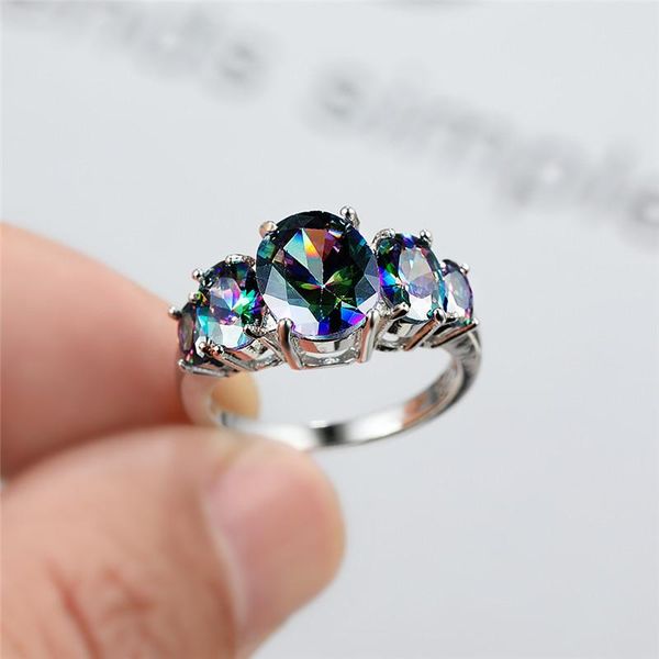 

wedding rings mystic rainbow oval zircon engagement for women jewelry vintage fashion white gold multicolor stone ring bridal, Slivery;golden