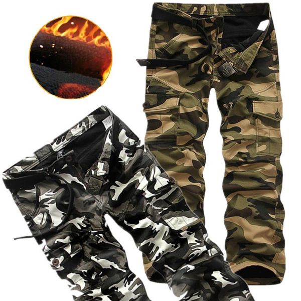 

men's pants 2021 cotton winter plus velvet thermal thicken military overalls camouflage cargo trousers men, Black