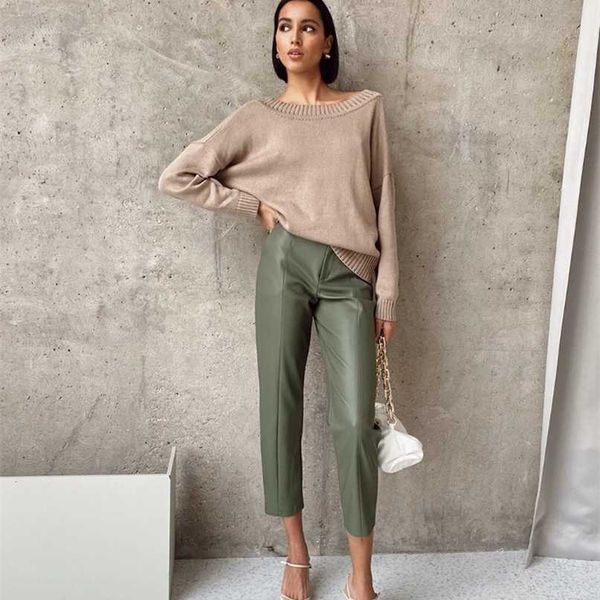 

wotwoy elegant spliced pu leather pants women high waist office lady fomal trousers female black straight with pockets 211118, Black;white