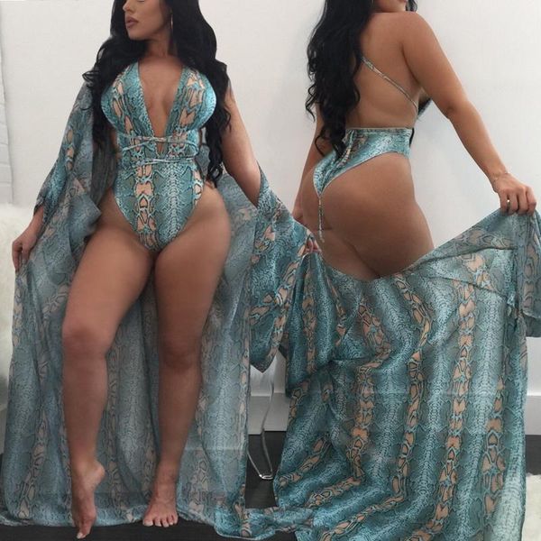 

one-piece suits 2021 snake skin printed bandage one piece swimsuit+cover up set women 2pcs/set beachwear swimsuit cover