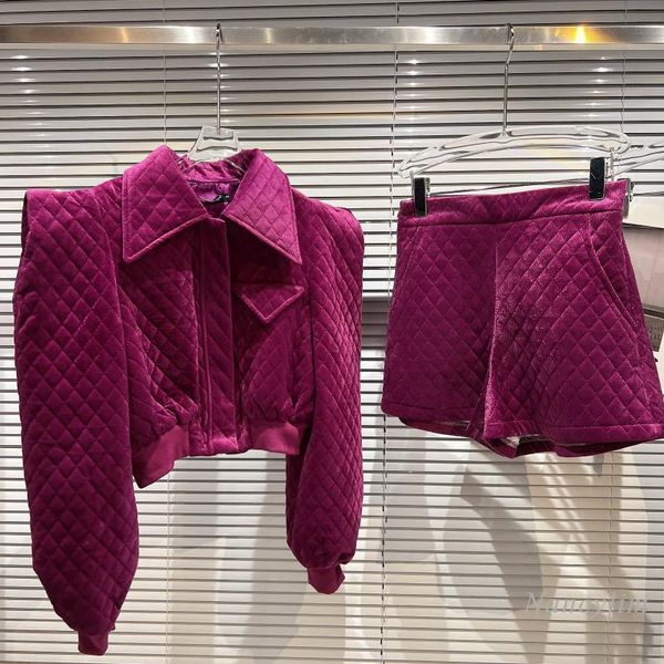 

women's tracksuits velvet shorts sets for women 2021 winter three-dimensional shoulder diamond lattice coat + female two piece suit, Gray