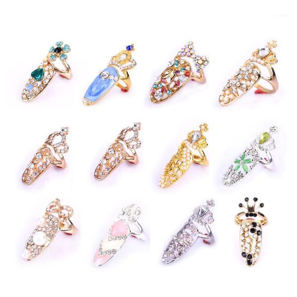 

fashion elegant bowknot crown crystal finger nail art ring jewelry fake exquisite for women girl1, Silver;gold