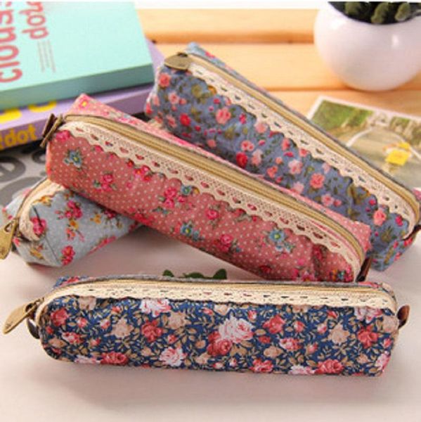 

pencil cases 1pcs/lot vintage flower floral lace case bag school supplies cosmetic makeup zipper pouch purse escolar