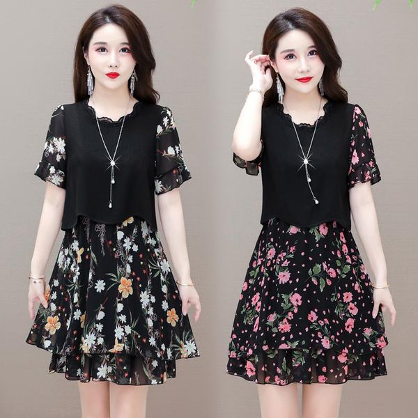 

plus size dresses floral stitch chiffon mini 5xl large vintage casual robe spring summer clothes dress for women's 2021sundress, Black
