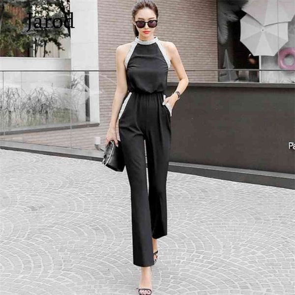 

summer off shoulder romper jumpsuit women office ladies beaded boot cut female fashion black overalls 210519, White