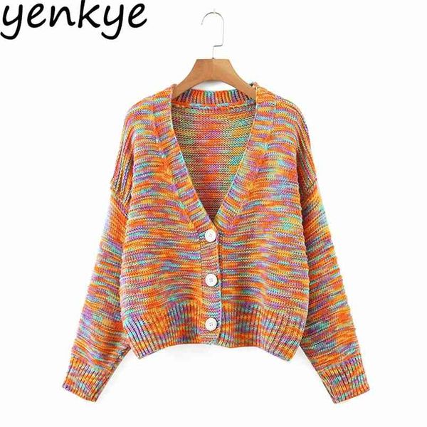 

autumn fashion women rainbow cardigan sweater v neck long sleeve casual christmas jumper plus size outerwear 210514, White