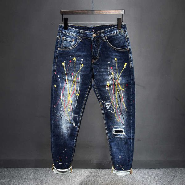 

men's jeans american streetwear fashion retro blue elastic slim fit ripped printed painted designer hip hop punk pants 1t8r