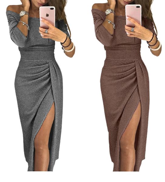 

fashion autumn winter women off the shoulder long sleeve sequins dress high split maxi dress backless evening party dresses, Black;gray