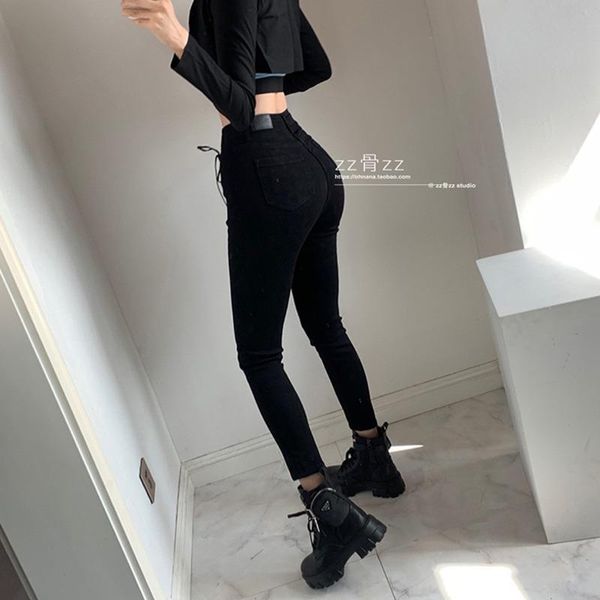 

tie drawstring pants 3 color jeans women denim elasticity pencil trousers girl female n37b women's, Blue
