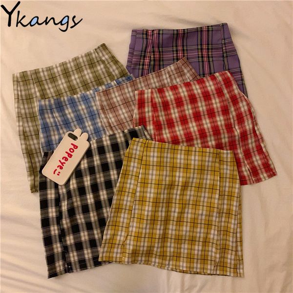

korean candy colors plaid skirt women student chic short skirts fashion split mini skirts spring summer female skirts 210412, Black