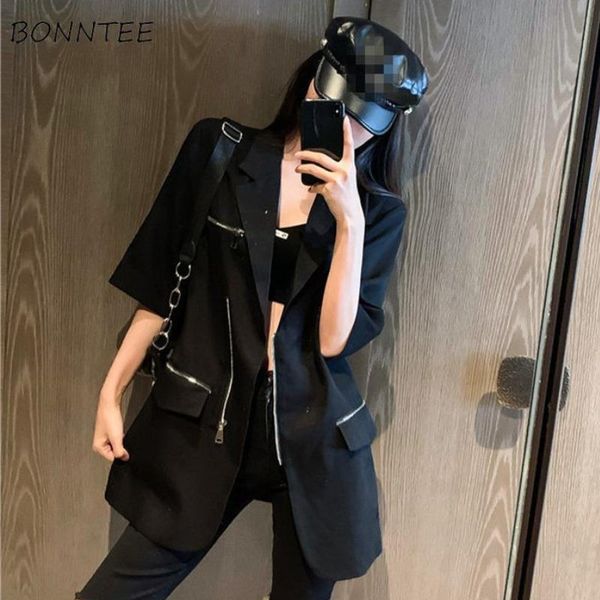 

women's suits & blazers chic women casual harajuku summer street chain black zipper half-sleeve cool comfort thin breathable coat offic, White;black