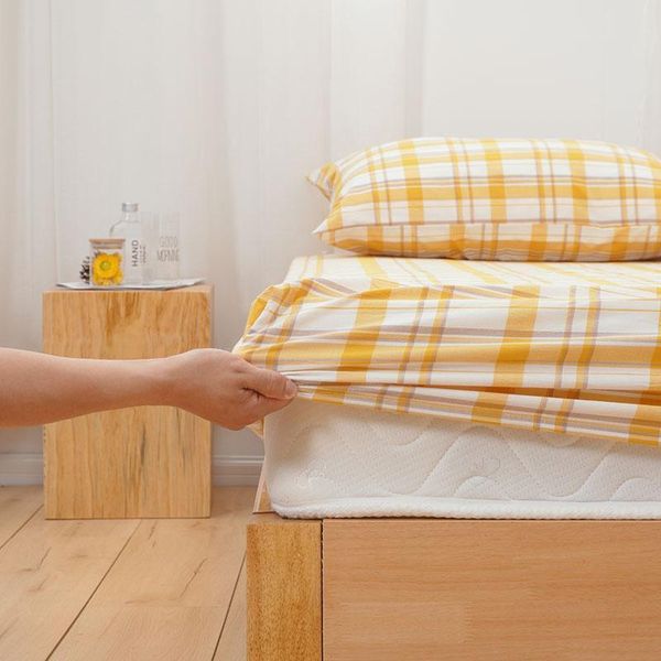 

sheets & sets fashion plaid series bed sheet pure cotton soft fitted mattress cover four corner with elastic band