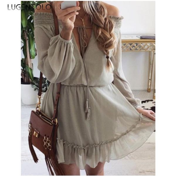 

casual dresses women dress summer strapless long sleeve thin solid female simple fashion street short, Black;gray