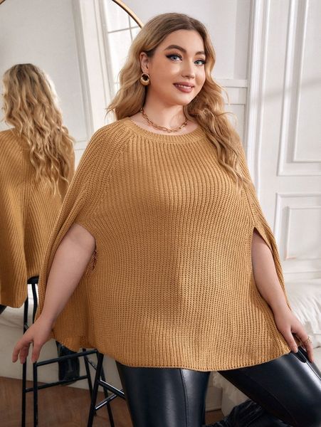 

plus ribbed knit cape sweater f2ym#, Black