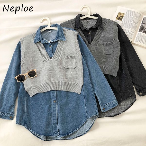 Neploe Solta Design Mulheres Camisas Denim Patchwork Tricô Vista Falso Dois Peça Blusa Primavera Outono Outono Meia-comprimento Blusas 210510