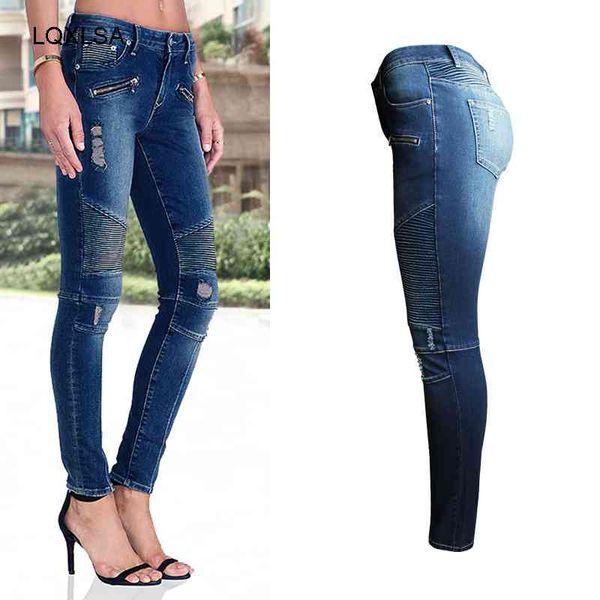 

female biker zip mid-waist high stretch denim ny pants engine jeans for women, Blue