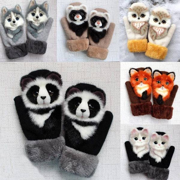 

five fingers gloves 1pair cartoon animal woman kids warm winter child plush knitted fall connect accessories high quality, Blue;gray
