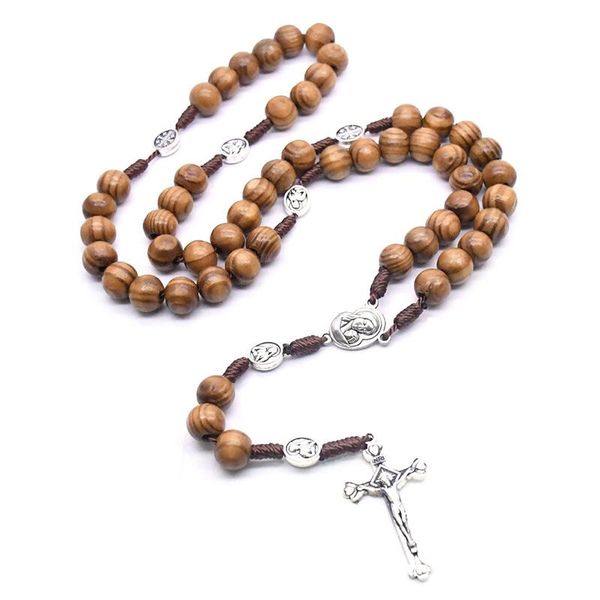 

pendant necklaces handmade weave virgin mary antique wooden beads rosaries cross pendants necklace vintage catholic religious jesus jewelry, Silver