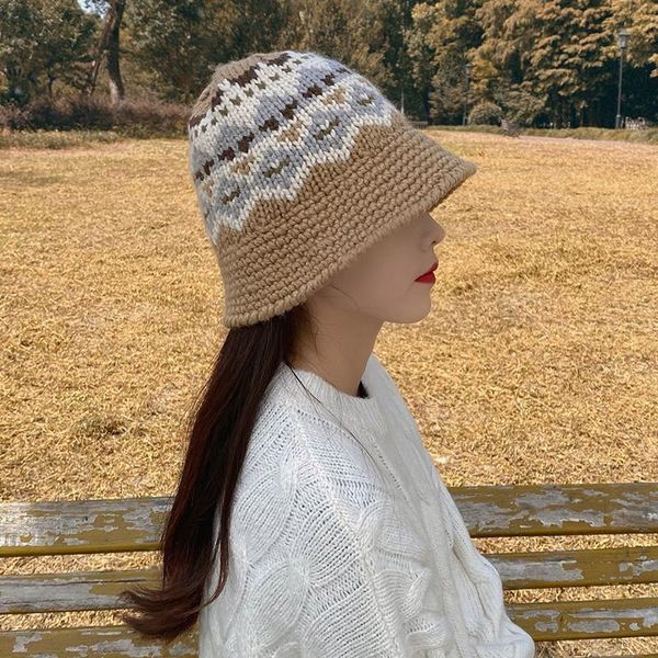 

wide brim hats 202106-2509167 autumn winter hand woven thick cotton thread classical pattern lady bucket cap women fishermen hat, Blue;gray