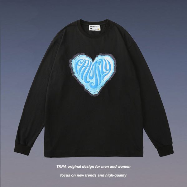 

tkpa men's sweater loose round neck autumn winter love foam printing harajuku guochao couple long sleeve t-shirt, Black