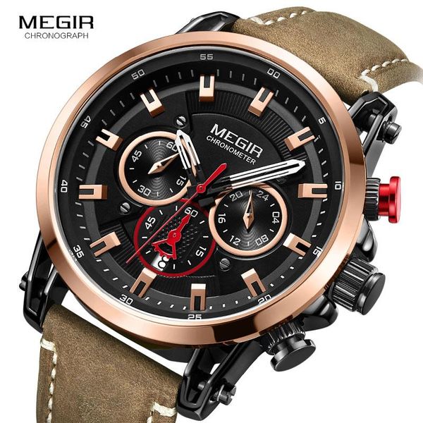 

wristwatches megir men's sports 24 hours watches military chronograph leather strap 3atm waterproof quartz wrist watch man relogios 208, Slivery;brown