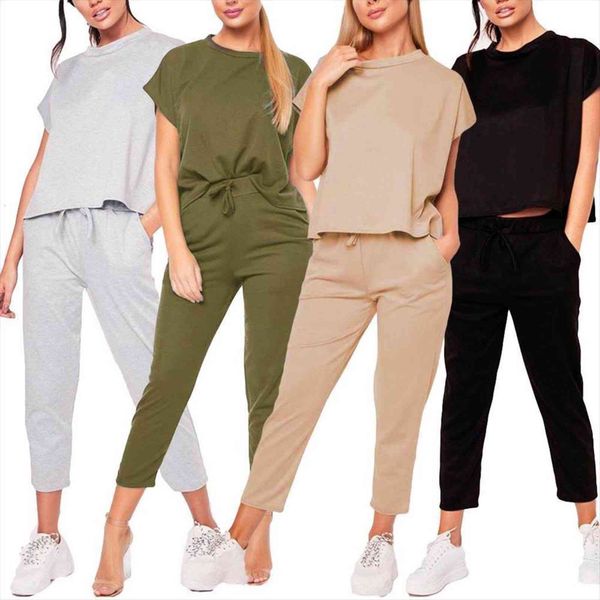 

summer elegant short sleeve pants womens tracksuits sets casual outfits jogger two piece set korean sports suit color cotton, Gray