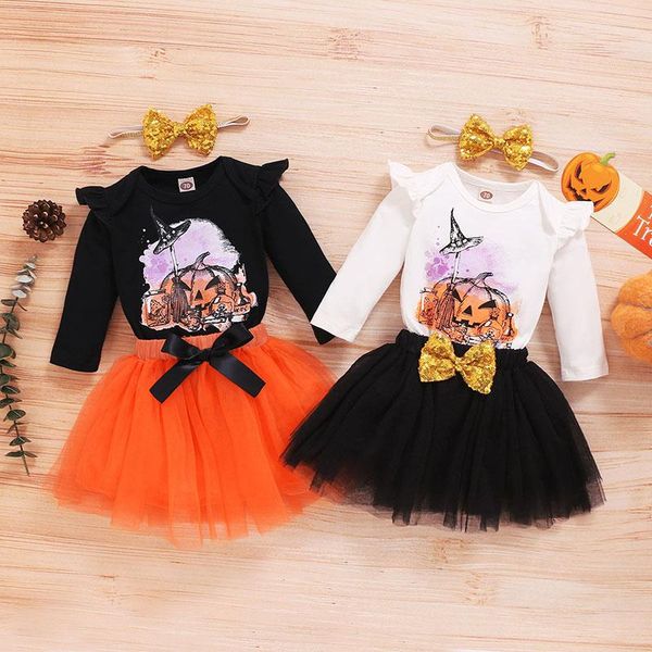

kids clothing sets girls halloween outfits infant pumpkin print flying sleeve +mesh net yarn skirts+headband 3pcs/set summer spring autumn b, White