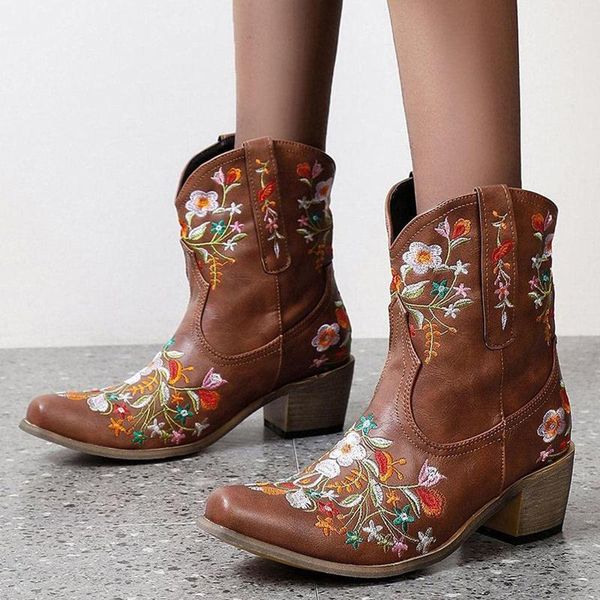 Stiefel cowboy für frauen cowgirls bestickte blume retro schuhe kurze keile spannung köpfige hauptscheinwerfer