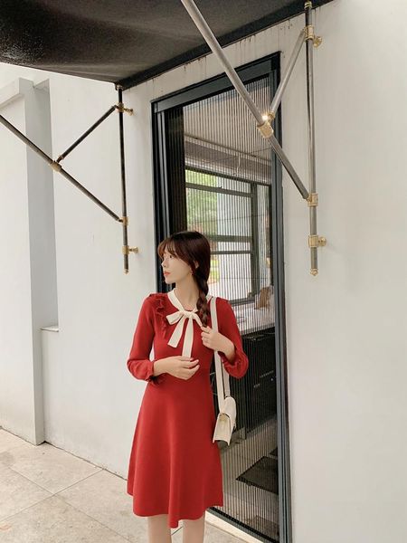 

casual dresses korean cute bow ruffles butterfly sleeve tunic knitted dress ladies get together red party chic women knit mini, Black;gray