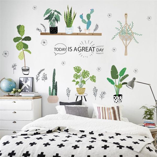 

wall stickers green plants cactus flower pot sticker for office bedroom baseboard home decor pastoral mural art pvc decal