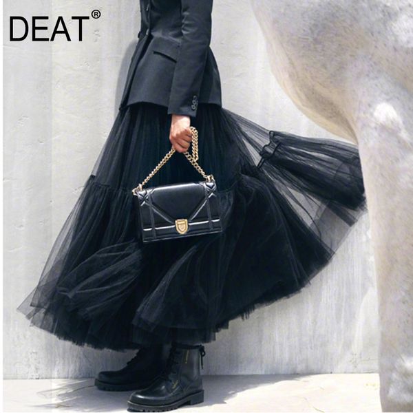 

[deat] dark black high waist skirt women mesh patchwork ankle length new fashion tide mall goth spring and summer gx1073 210428