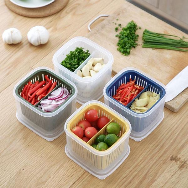 

storage bottles & jars 2 grids fresh-keeping box kitchen refrigerator fruit and vegetable draining boxes onion ginger garlic container