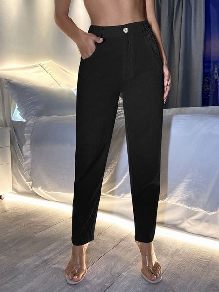 

solid pocket button pants g2sj#, Black;white