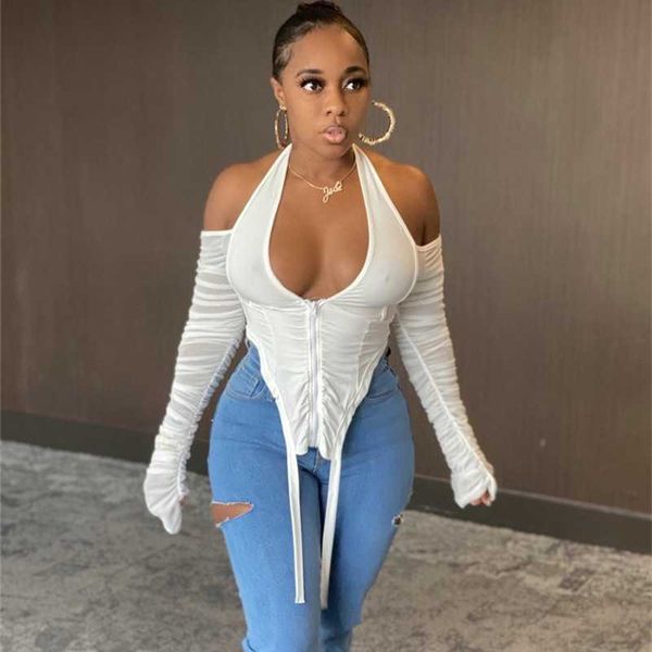 

quanrun fashion long sleeve front zipper halter vest mesh perspective elegant dress women party club streetwear 210604, White